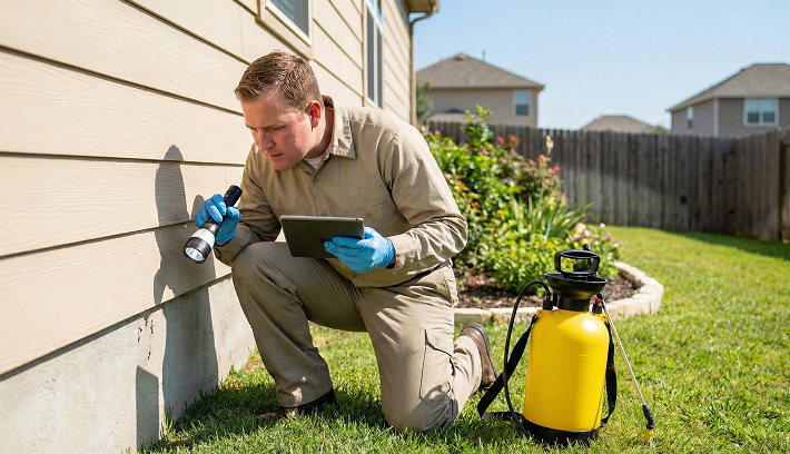 Pest control technician inspecting home exterior